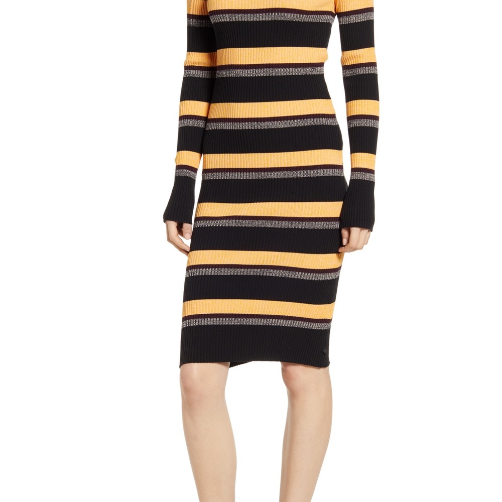 Scotch & Soda Black Yellow Multi Stripe Ribbed Knit Women Midi Sweater Dress - Picture 2 of 6